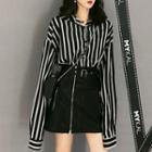 Long-sleeve Striped Shirt / Faux Leather Mini A-line Skirt