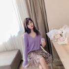 Long-sleeve V-neck Buttoned Knit Top Purple - One Size