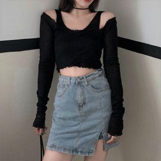 Long-sleeve Off-shoulder Crop Top / Tank Top / Mini Denim Skirt / Set