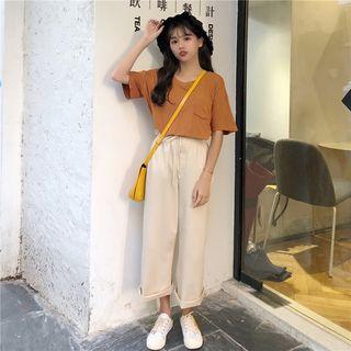 Set: Plain Elbow Sleeve T-shirt + Wide Leg Pants
