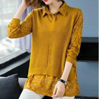 Set: Lace Shirt + V-neck Knit Vest