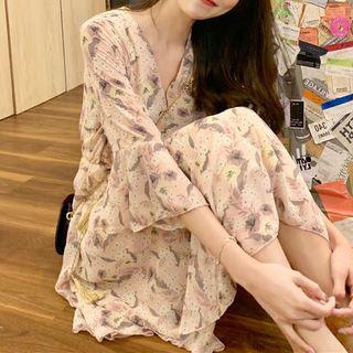 Bell-sleeve Floral Print Wrap A-line Dress