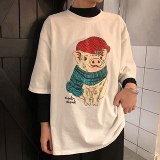 Pig Print Elbow-sleeve T-shirt