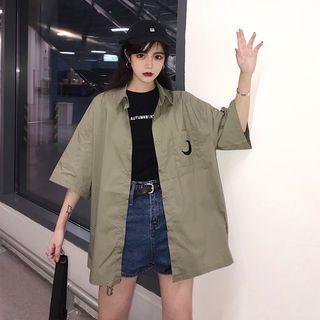 Moon Embroidered Elbow-sleeve Shirt Army Green - One Size