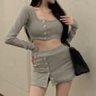 Long-sleeve Button-up Cropped T-shirt / Mini Pencil Skirt