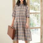 Elbow-sleeve Plaid Shirtdress As Shown In Figure - One Size