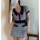 Plaid Short-sleeve Mini Knit Collared Dress As Shown In Figure - One Size