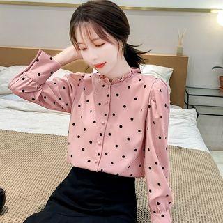 Long-sleeve Frill Trim Polka Dot Chiffon Shirt