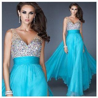 Tie-waist Sequined V-neck Evening Gown
