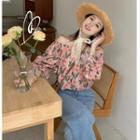 Bell-sleeve Off-shoulder Floral Blouse Pink Flowers - Light Gray - One Size