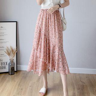 Asymmetric Ruffled Floral Chiffon A-line Midi Skirt
