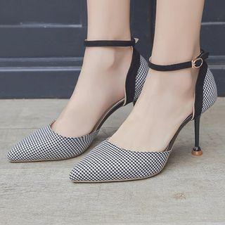 Plaid Ankle-strap Pointed Toe Pumps