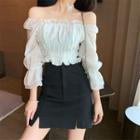 Off-shoulder Shirred Cropped Blouse / Slit Mini A-line Skirt
