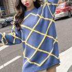 Color-block Argyle Panel Puff-sleeve Sweater