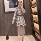 Set: Long-sleeve Plaid Shirt + Slit Midi Tank Dress