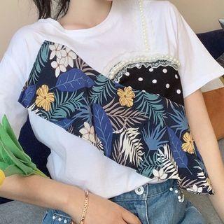Mock-two Piece Leaf Print Short Sleeve T-shirt