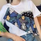 Mock-two Piece Leaf Print Short Sleeve T-shirt