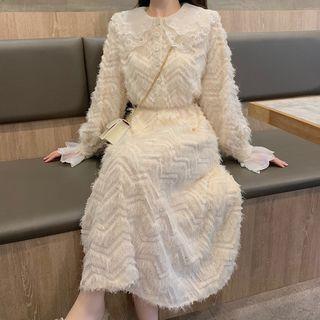 Bell-sleeve Midi A-line Fringed Dress Almond - One Size