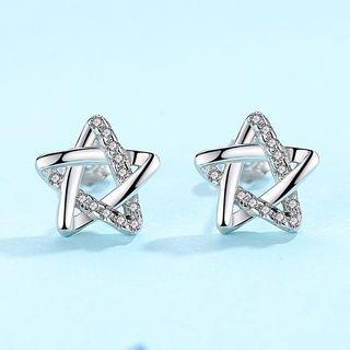 925 Sterling Silver Rhinestone Star Earring 1 Pair - With Plastic Earnuts - White Gold - One Size
