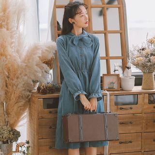 Corduroy Long Sleeve Tie-neck Dress