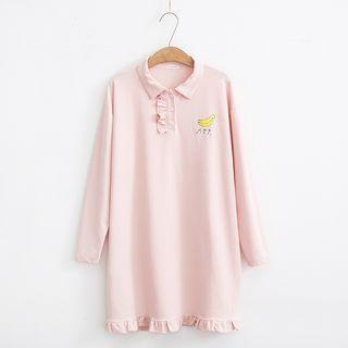 Banana Embroidered Long Sleeve Polo Shirt Dress