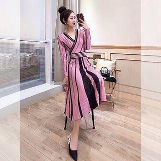 Striped Long-sleeve Midi A-line Knit Dress Pink - One Size