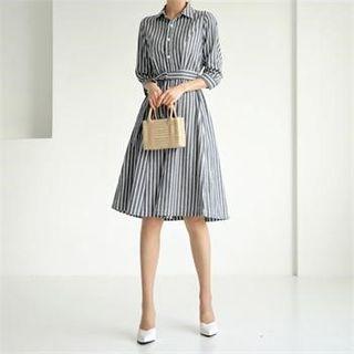 3/4-sleeve Stripe Shirtdress With Belt