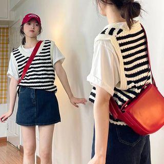 Striped Sweater Vest / T-shirt / Denim Mini A-line Skort / Set