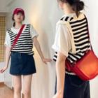 Striped Sweater Vest / T-shirt / Denim Mini A-line Skort / Set