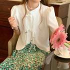 Puff-sleeve Bow Accent Asymmetrical Shirt / High-waist Floral A-line Midi Skirt