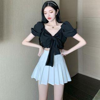 Puff-sleeve Crop Top / Pleated Mini A-line Skirt
