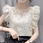 Sleeveless Frill Trim Floral Applique Lace Blouse