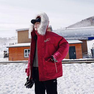 Letter Embroidered Furry Trim Hooded Padded Coat