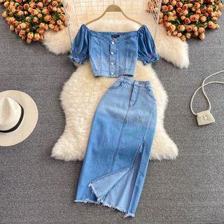 Set: Puff-sleeve Gradient Denim Crop Top + Slit Midi A-line Skirt