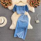 Set: Puff-sleeve Gradient Denim Crop Top + Slit Midi A-line Skirt