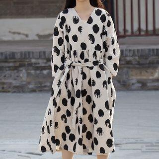 Printed Long-sleeve Midi A-line Dress Pattern - Polka Dot - One Size