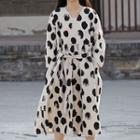 Printed Long-sleeve Midi A-line Dress Pattern - Polka Dot - One Size