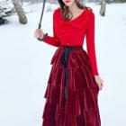 Set: Ruffle Trim Long-sleeve Knit Top + Velvet Midi Tiered Skirt