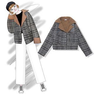 Plaid Notch Lapel Snap Button Jacket