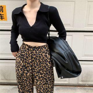 Faux Leather Biker Jacket / V-neck Knit Top / Straight Fit Pants