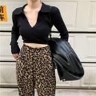Faux Leather Biker Jacket / V-neck Knit Top / Straight Fit Pants