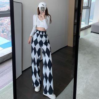 Argyle Print Wide Leg Pants Black & White - One Size