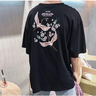 Elbow-sleeve Crane Print T-shirt