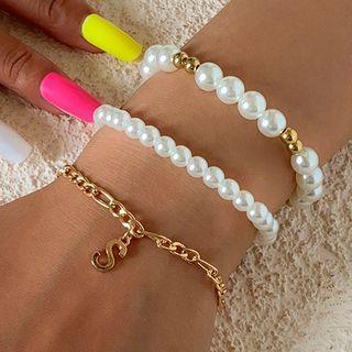 Set Of 3: Faux Pearl Bracelet + Chain Bracelet