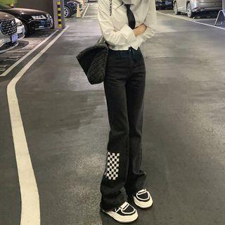 Checkered Panel Bootcut Jeans