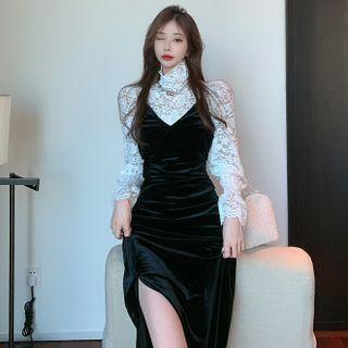 Turtleneck Lace Top / Spaghetti Strap Slit Midi Bodycon Dress