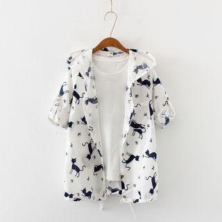 Cat Print Hooded 3/4-sleeve Button Light Jacket White - One Size
