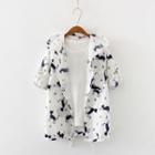 Cat Print Hooded 3/4-sleeve Button Light Jacket White - One Size