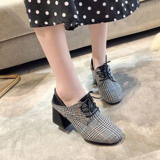Block Heel Plaid Lace-up Shoes