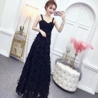 Spaghetti Strap Feather Midi A-line Dress